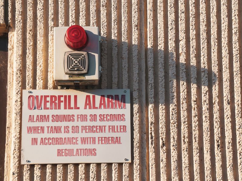 A red alarm with a speaker below it hanging on a wall.