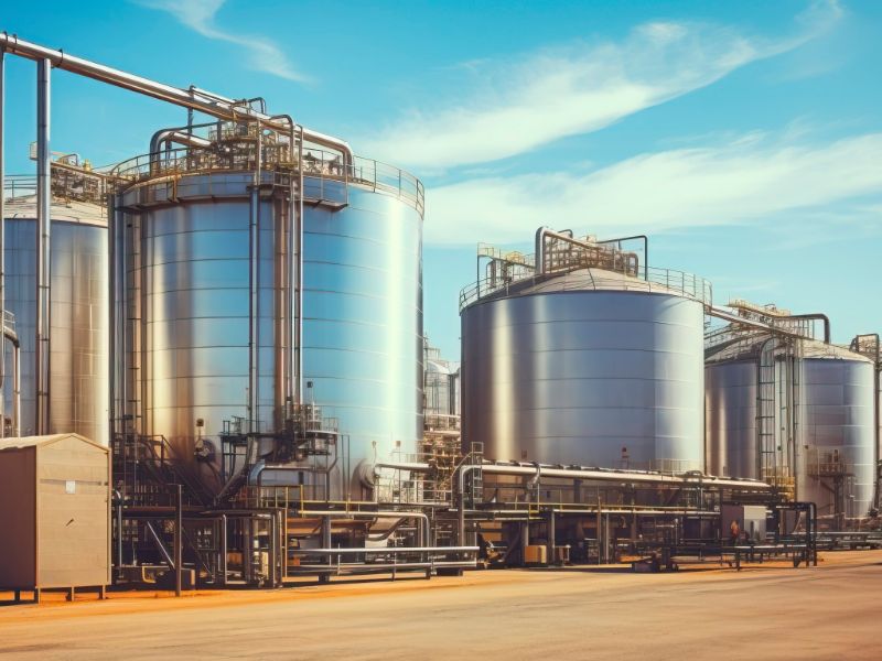 Large silver silos connected by long pipes.