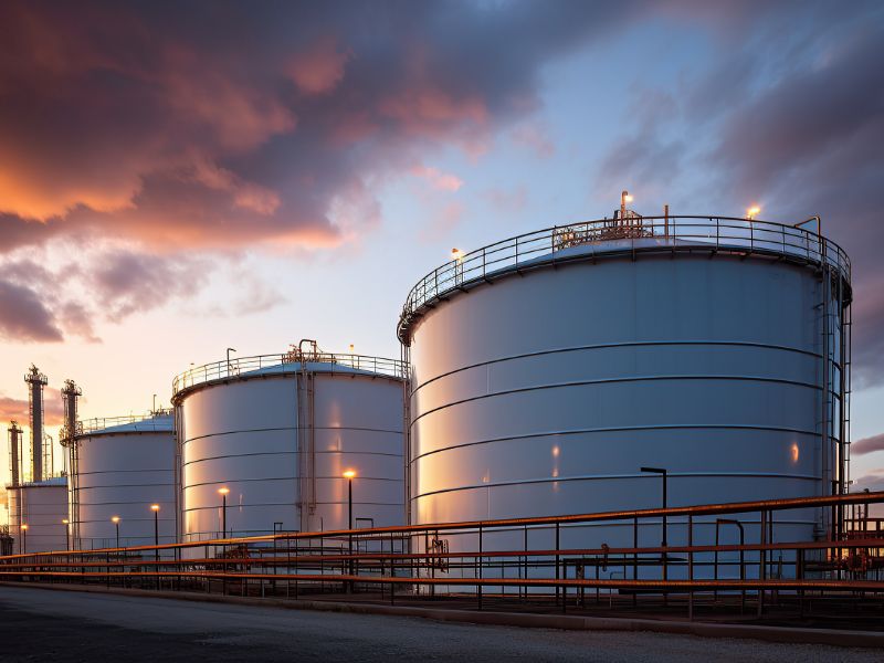 Three large silos with a cloudy blue sky behind them.