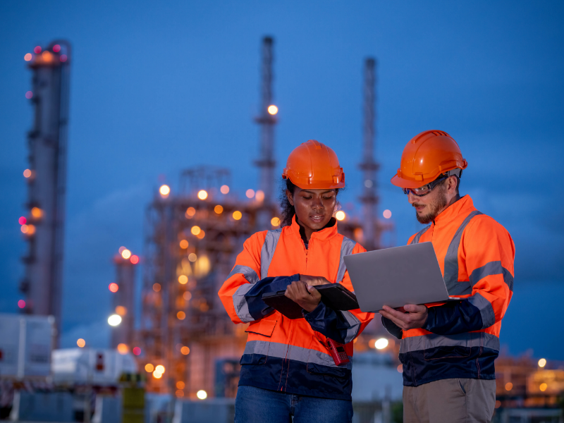 Two people in hardhats and vests look at a computer in in front of a factory.