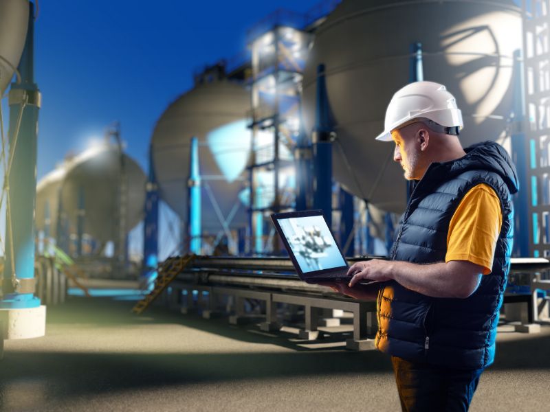 A person holding a laptop and wearing a hardhat at night surrounded by large spherical tanks.