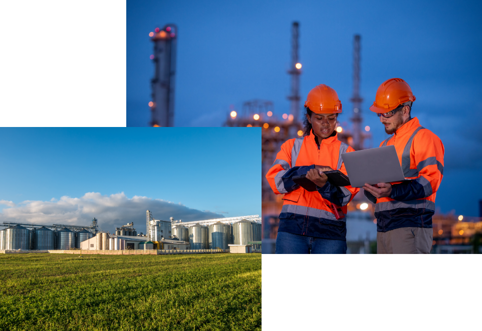 Two images stacked with one of them being two workers wearing orange vests and the other being a farm with several large silos in a field.